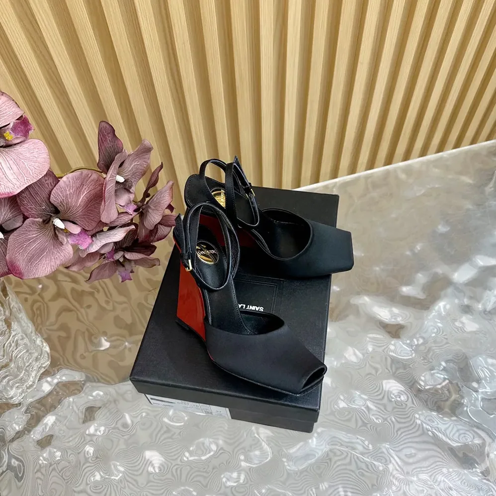 Saint Laurent YSL La Scandale Wedges in Satin Crepe for Women in Black Saint Laurent YSL La Scandale Wedges in Satin Crepe for Women in Black