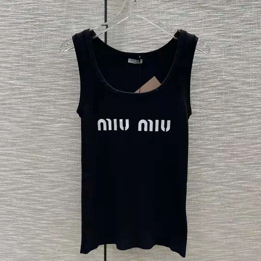Miu Miu Viscose Tank Top with Intarsia Logo for Women in Black Miu Miu Viscose Tank Top with Intarsia Logo for Women in Black