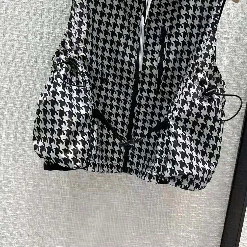 Dior Hooded Sleeveless Vest Black and White Technical Taffeta Jacquard with Macro Houndstooth Motif for Women