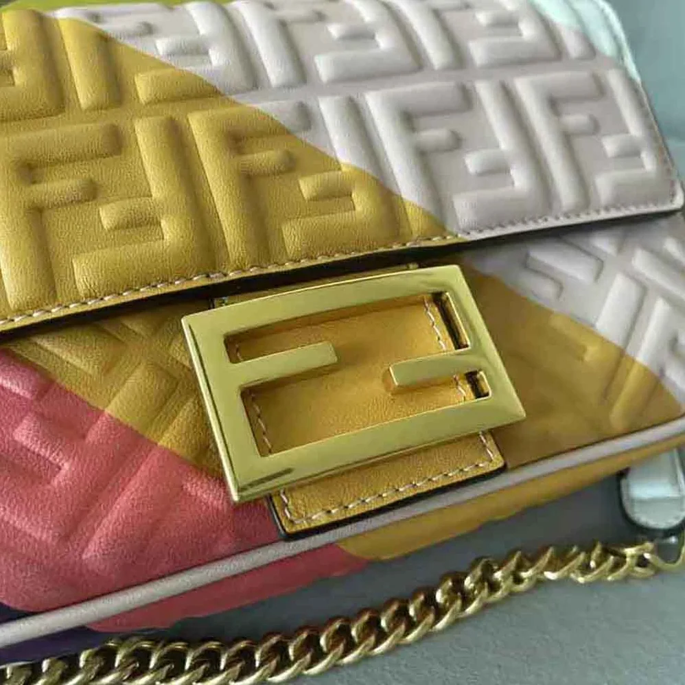 Fendi Baguette Chain Midi Leather Bag with Multicolour Print for Women Fendi Baguette Chain Midi Leather Bag with Multicolour Print for Women