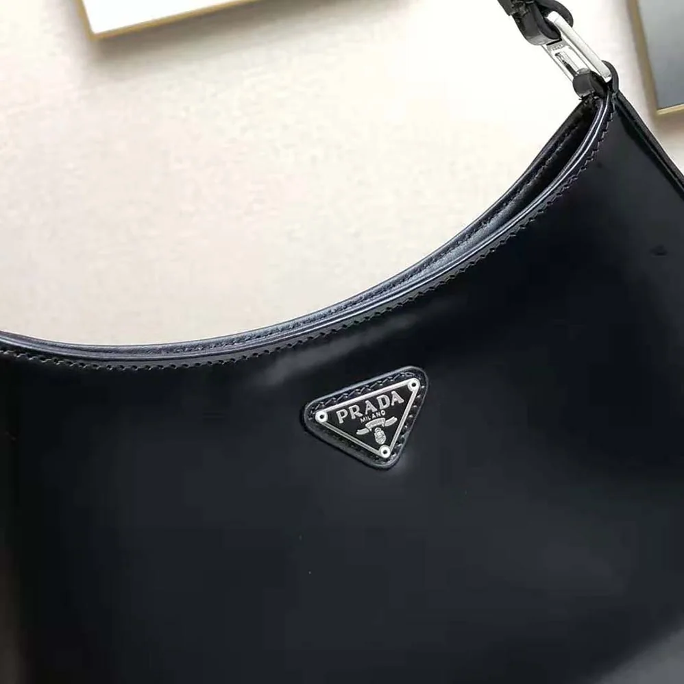 Prada Cleo Brushed Leather Shoulder Bag in Black