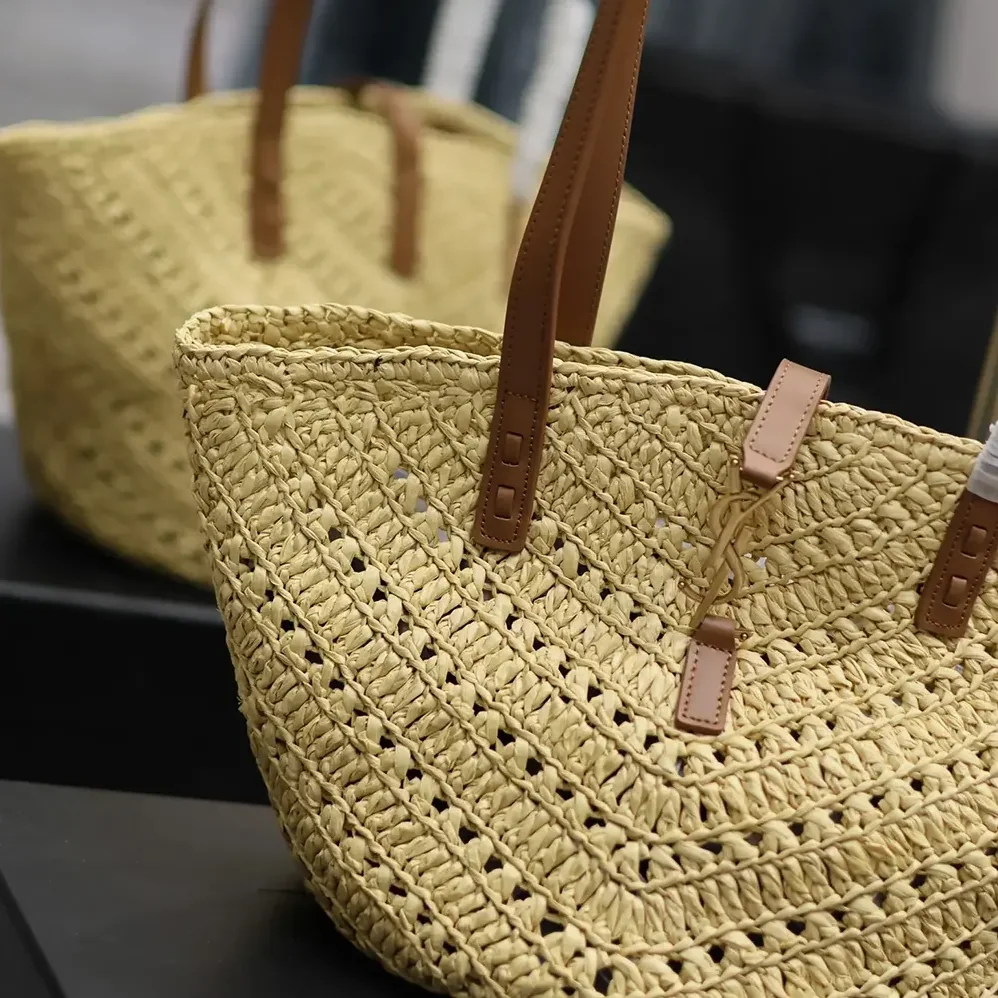 Saint Laurent YSL Panier Small in Raffia and Vegetable for Women in tanned Leather
