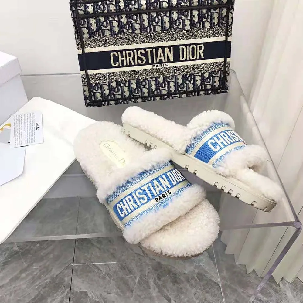 Dior Dway Slide Cornflower Blue Embroidered Cotton and White Shearling for Women