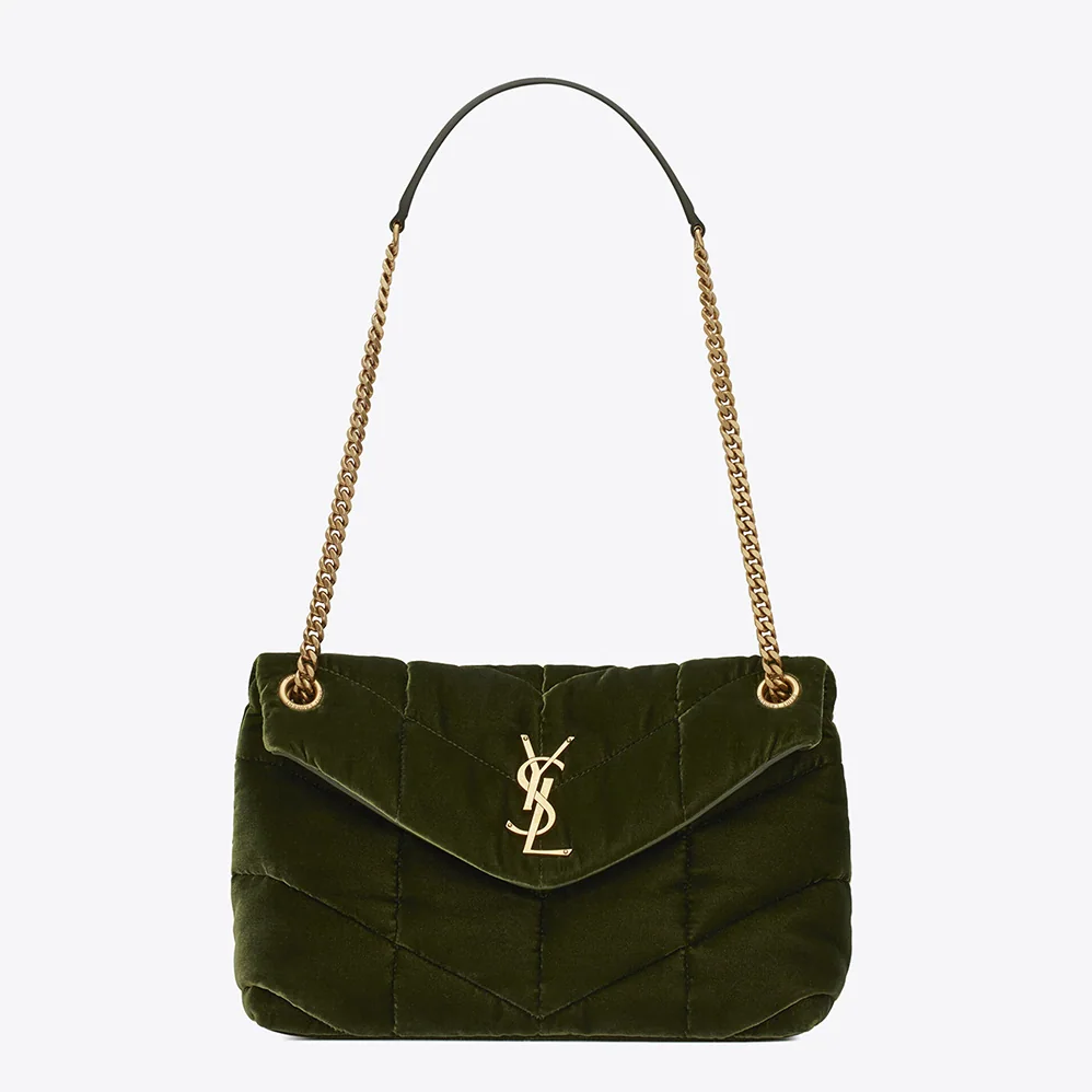 Saint Laurent YSL Puffer Small Bag in Velvet and Lambskin for Women in Green Saint Laurent YSL Puffer Small Bag in Velvet and Lambskin for Women in Green
