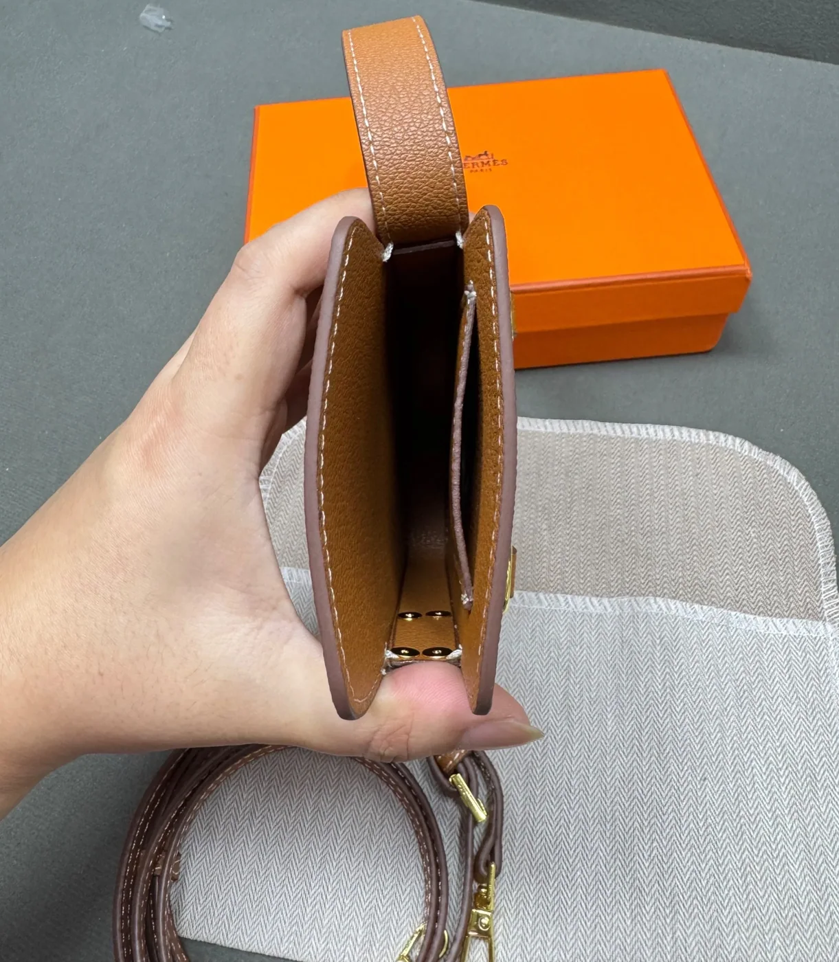 Hermes Hac A Box Phone Case Toffee Gold Hardware /