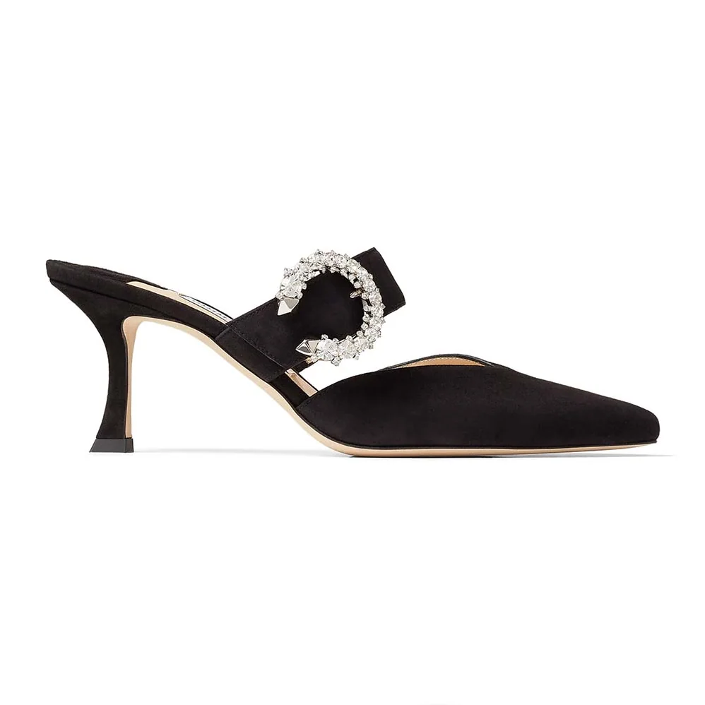 Jimmy Choo Marta 70 Black Suede Mules with Crystal Buckle for Women Jimmy Choo Marta 70 Black Suede Mules with Crystal Buckle for Women