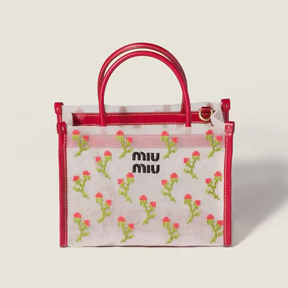 Miu Miu Embroidered Mesh Top-handle Bag for Women in Red Miu Miu Embroidered Mesh Top-handle Bag for Women in Red