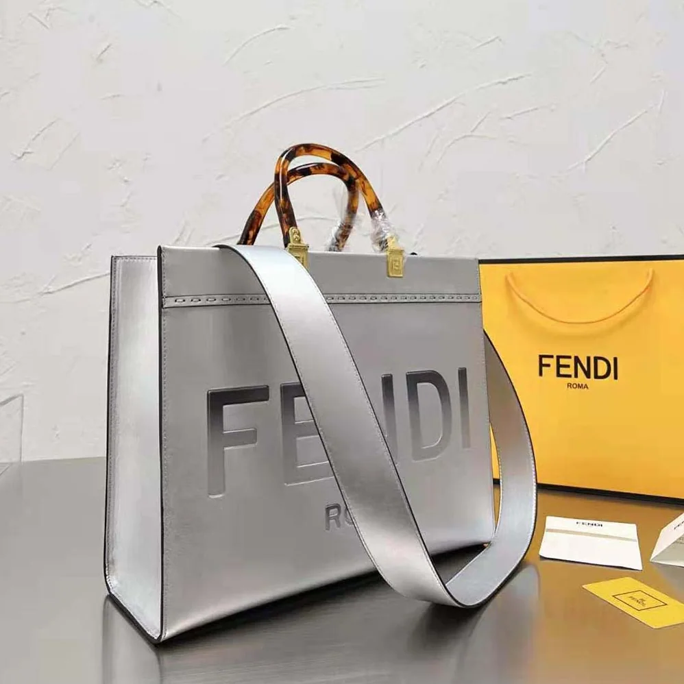 Fendi Fendi Sunshine Medium Silver Laminated Leather Shopper for Women