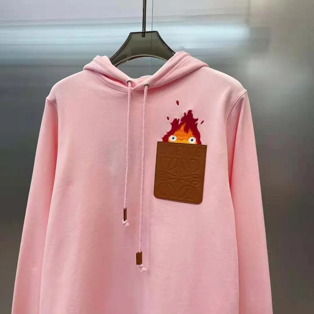 Loewe Calcifer Leather Patch Hoodie in Cotton for Women in Pink Loewe Calcifer Leather Patch Hoodie in Cotton for Women in Pink