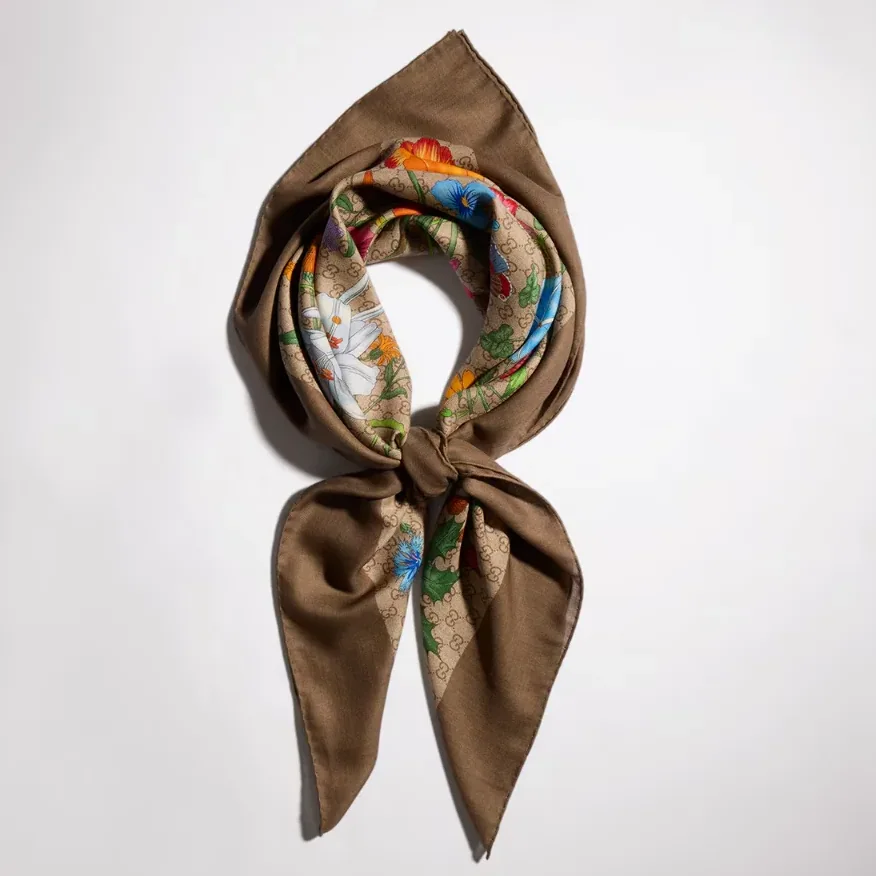 Gucci Printed GG Wool Silk Shawl Scarf Brown in Multicolor