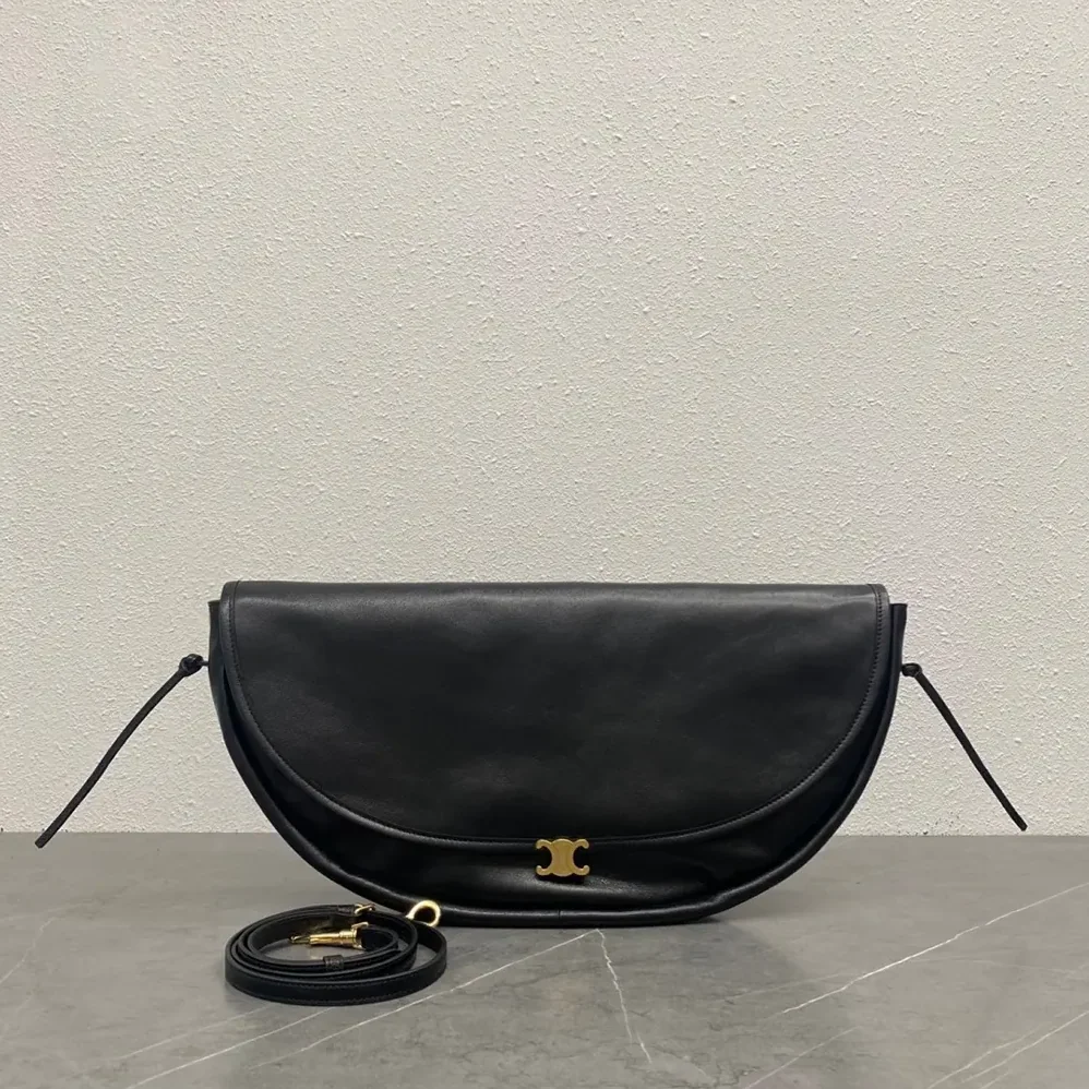 Celine Halfmoon Soft Triomphe Bag in Supple Shiny Lambskin for Women in Black
