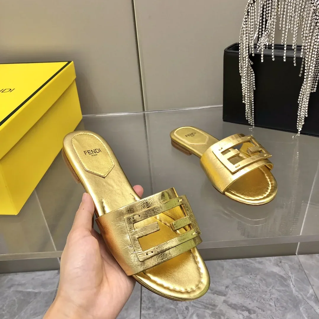 Fendi Baguette Gold Nappa Slides 8R8136AI16F0XV6 Fendi Baguette Gold Nappa Slides 8R8136AI16F0XV6