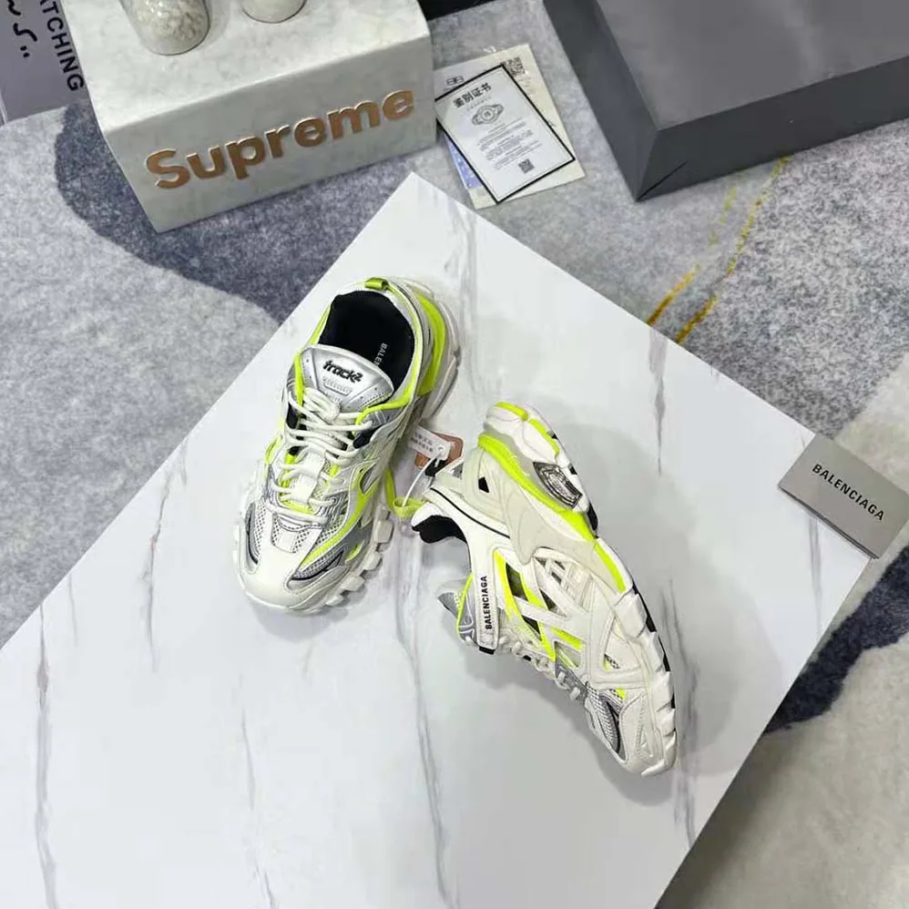 Balenciaga Track.2 Sneaker in White and Neon Yellow Neoprene and Rubber for Men