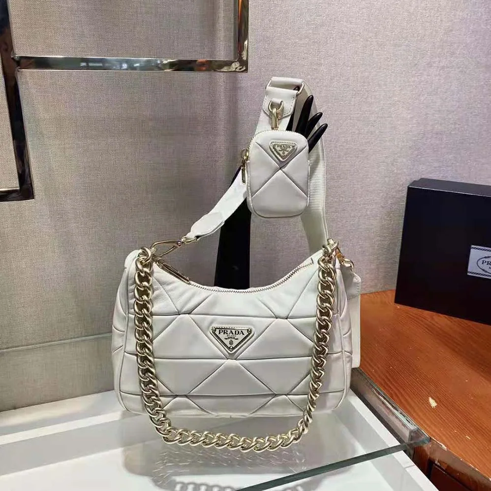 Prada System Nappa Leather Patchwork Shoulder Bag for Women in White Prada System Nappa Leather Patchwork Shoulder Bag for Women in White