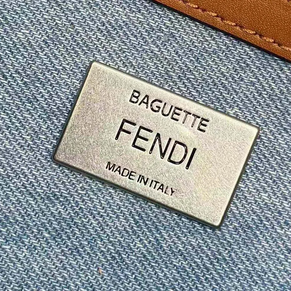 Fendi Baguette Light Blue Denim Bag with FF Embroidery for Women