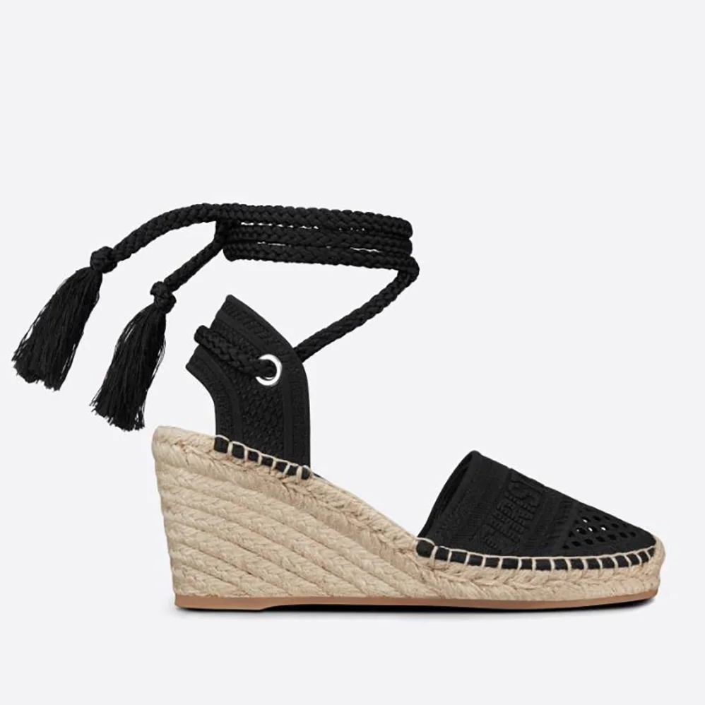 Dior Granville Wedge Espadrille Black Mesh Embroidery for Women Dior Granville Wedge Espadrille Black Mesh Embroidery for Women