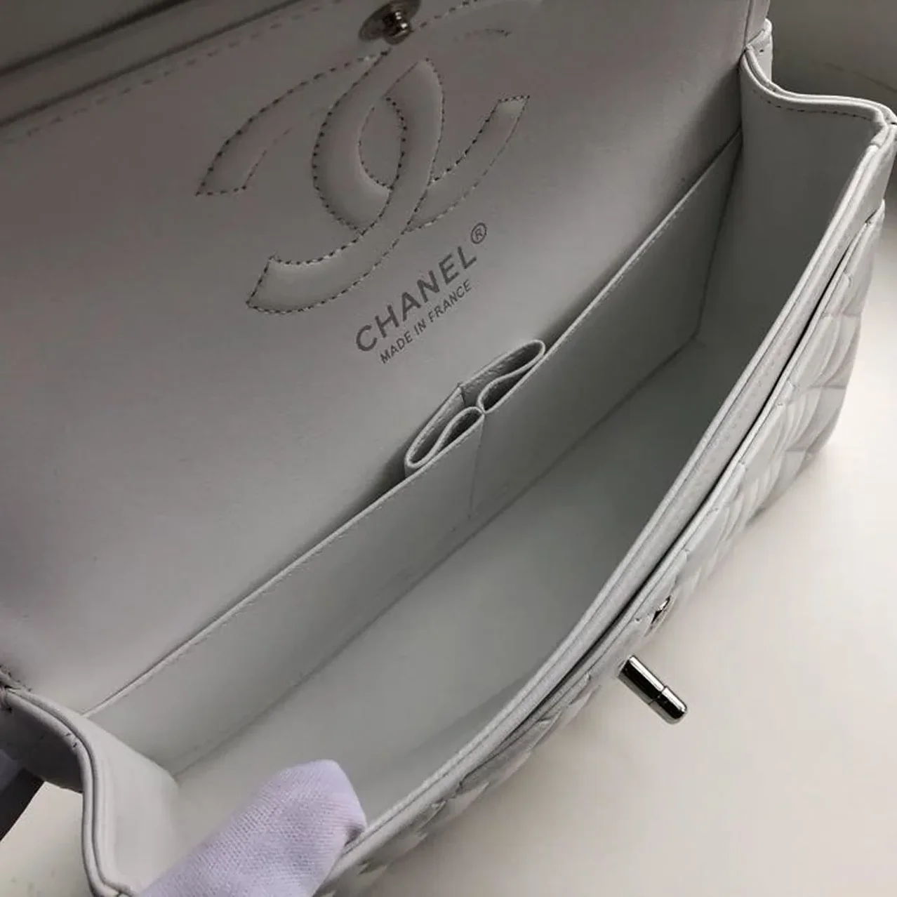 Chanel Classic Double Flap Bag Medium Crossbody in White Silver Hardware