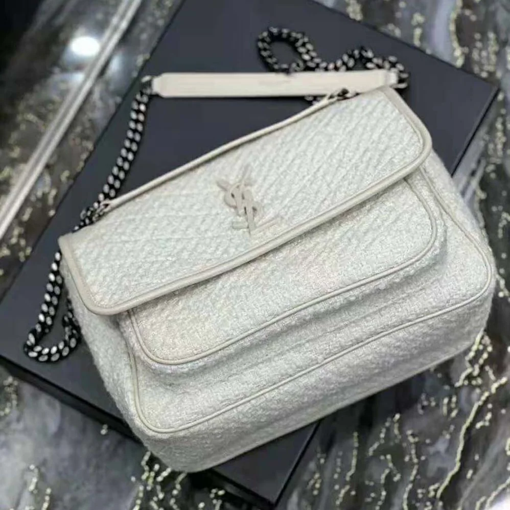 Saint Laurent YSL Niki Medium in Boucle Tweed and Smooth Leather for Women in White