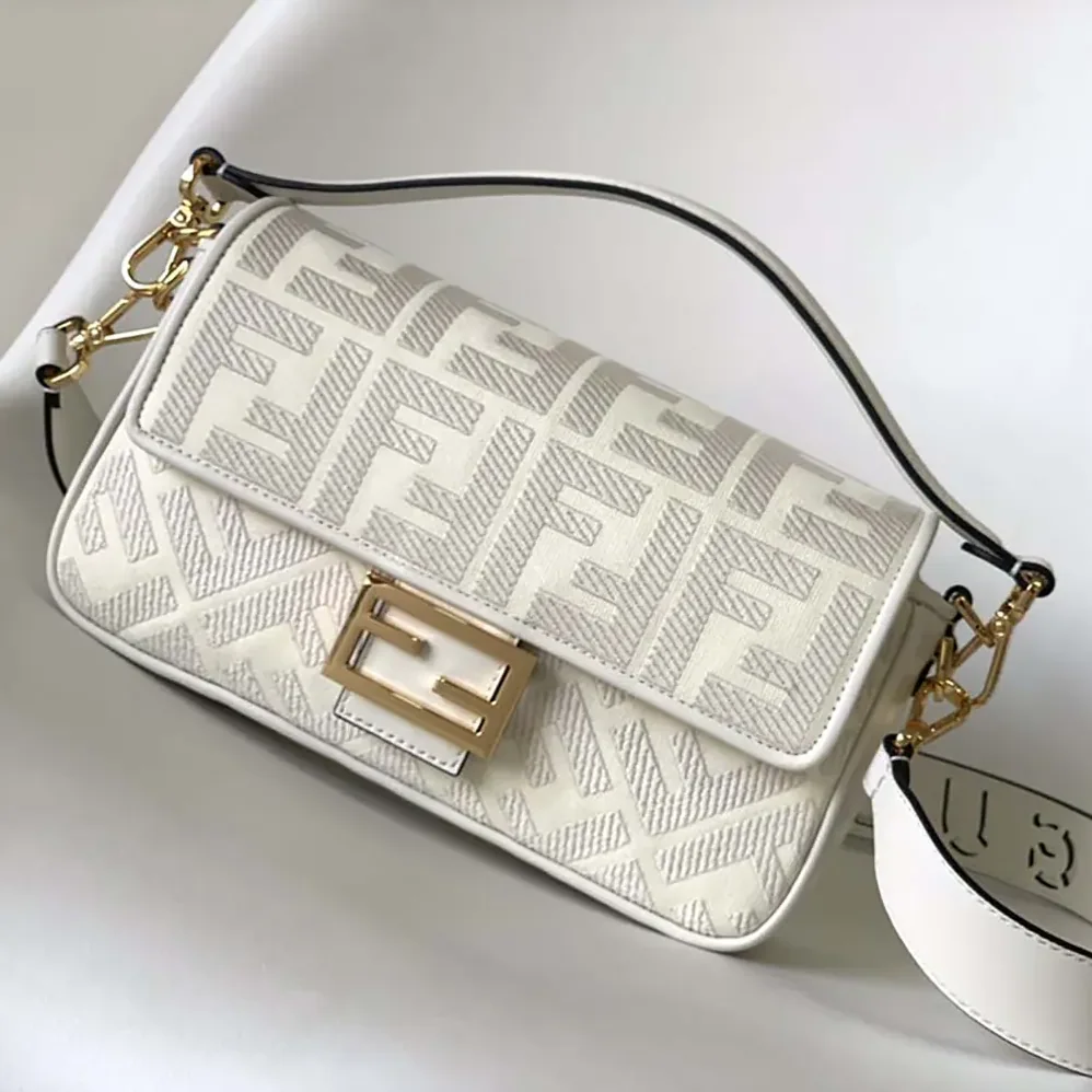 Fendi Baguette White Denim Bag with FF Embroidery for Women