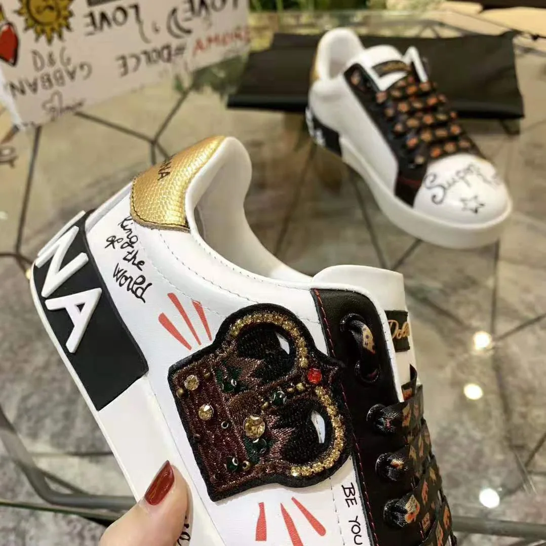 Dolce Gabbana D&G Portofino Sneakers in Printed Nappa Calfskin with Patch for Men in Black