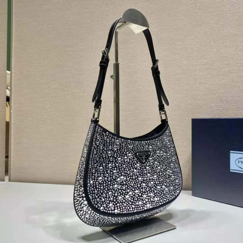 Prada Cleo Satin Bag with Appliques for Women in Black