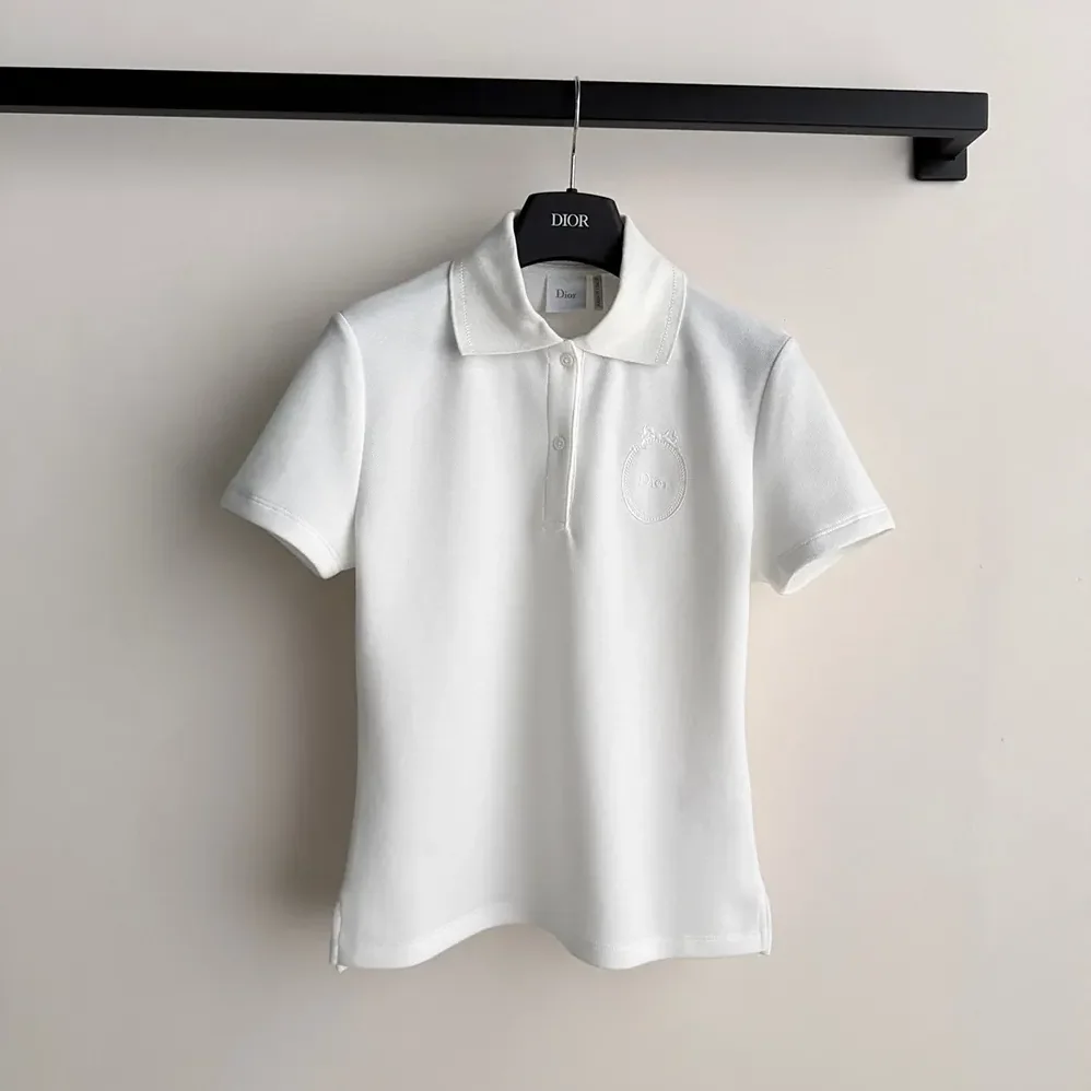 Dior Médaillon Embroidered Polo Shirt White Cotton-Blend Piqué for Women Dior Médaillon Embroidered Polo Shirt White Cotton-Blend Piqué for Women
