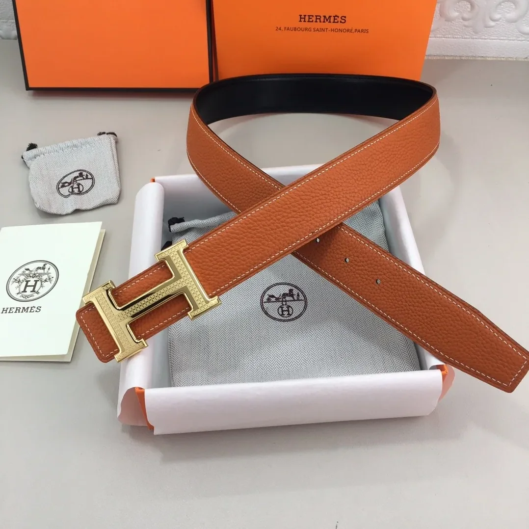 Hermes H Guillochee Belt Buckle & Reversible Orange