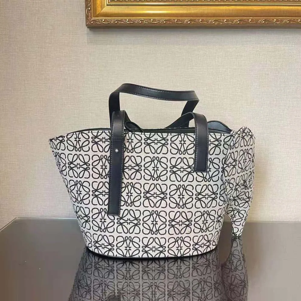 Loewe Elephant Basket Bag in Anagram Jacquard and Calfskin for Women Loewe Elephant Basket Bag in Anagram Jacquard and Calfskin for Women