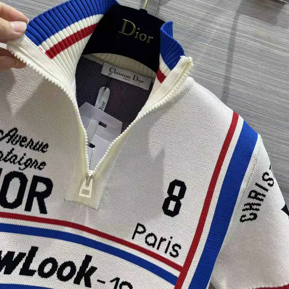 Dior Stand Collar Top White and Tricolor Stretch Viscose for Women