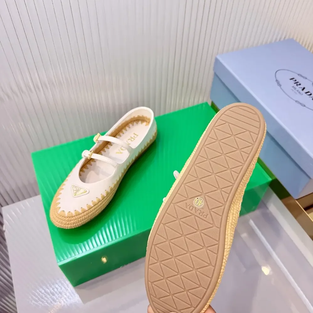 Prada Nappa Leather And Raffia Ballerinas for Women in White