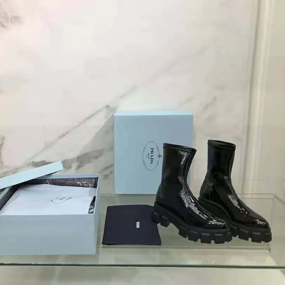Prada Monolith Pointy Technical Patent Leather Booties for Women Prada Monolith Pointy Technical Patent Leather Booties for Women