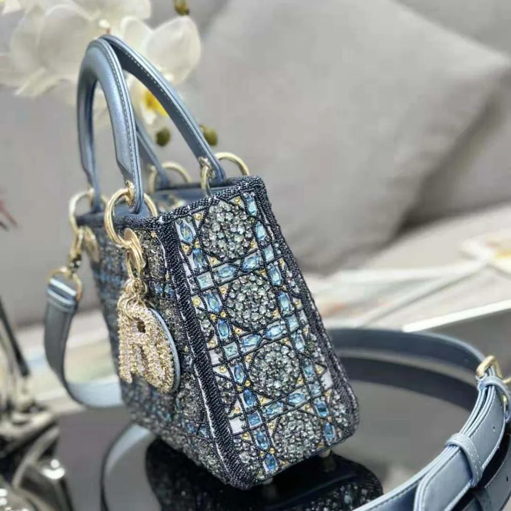 Dior Small Lady Dior Bag Metallic Calfskin and Satin with Celestial Blue Bead Embroidery for Women
