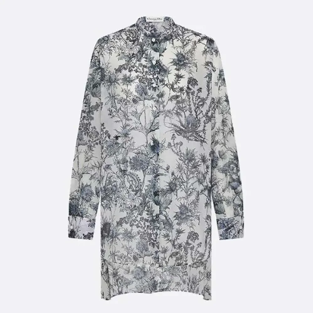 Dior Long Blouse White Cotton Muslin with Blue Dior Chardons Motif for Women