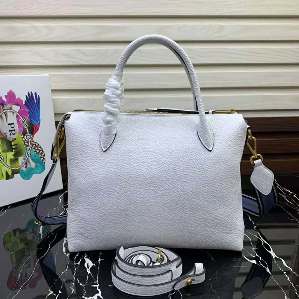 Prada Leather Handbag with Metal lettering Logo on the Front for Women in White