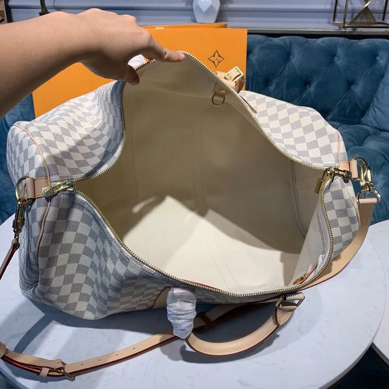 Louis Vuitton Keepall Bandouliere 55 Travel Bag in Damier Azur Gold Hardware Louis Vuitton Keepall Bandouliere 55 Travel Bag in Damier Azur Gold Hardware