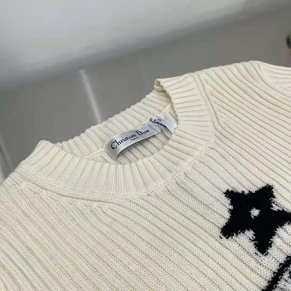 Dior Dioriviera Los Angeles Short-Sleeved Sweater Ecru and Bright Blue Cotton Knit with Signature for Women Dior Dioriviera Los Angeles Short-Sleeved Sweater Ecru and Bright Blue Cotton Knit with Signature for Women