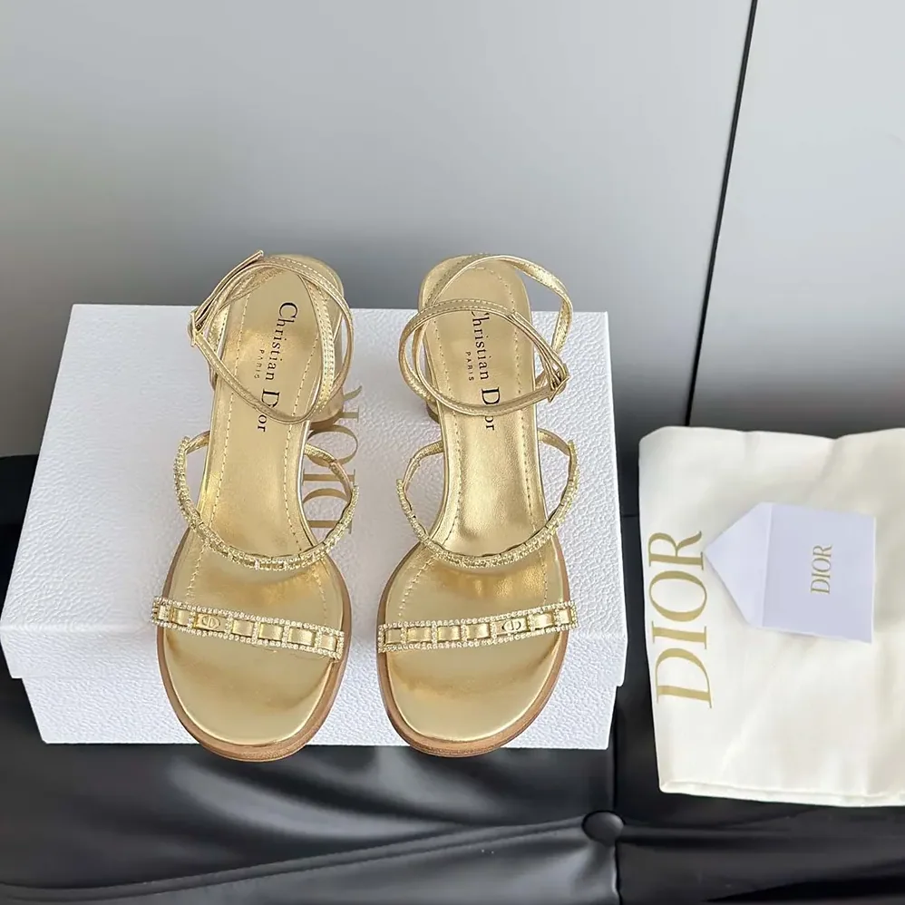 Dior Diorissime Heeled Sandal Gold-Tone Laminated Lambskin and Silver for Women in Tone Strass Dior Diorissime Heeled Sandal Gold-Tone Laminated Lambskin and Silver for Women in Tone Strass