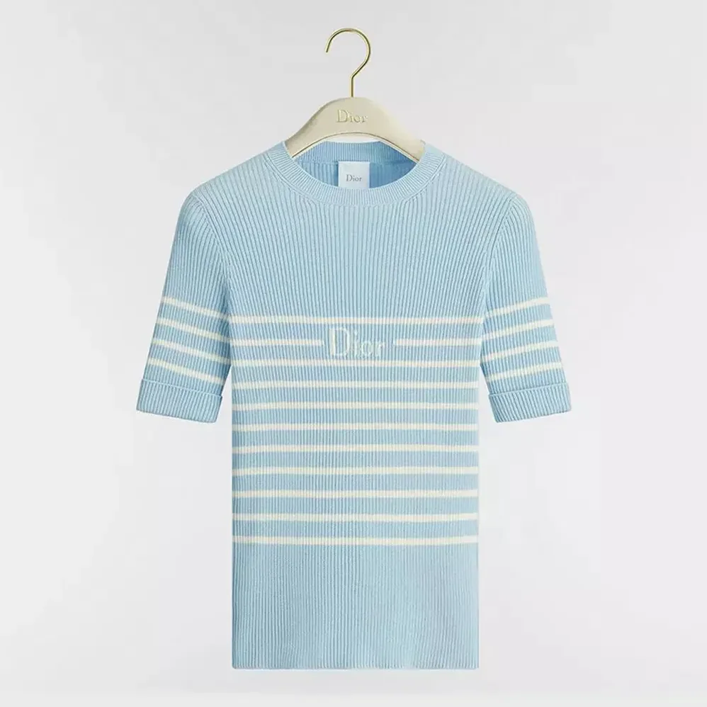 Dior Dioriviera Short-Sleeved Fitted Sweater Sky Blue and White D for Women in Stripes Ribbed Cotton Knit