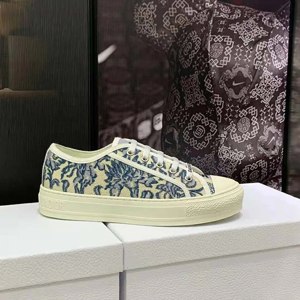 Dior Walk'N'Dior Sneaker Duck Blue Dior Brocart Embroidered Cotton with Gold for Women in Tone Metallic Thread