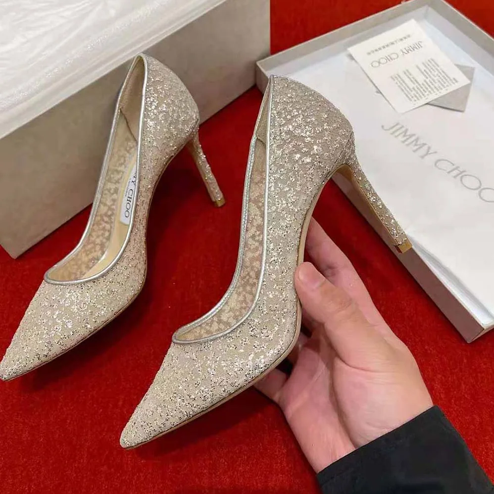 Jimmy Choo Romy 85 Silver Glitter Tulle and Metallic Nappa Pointy for Women in Toe Pumps