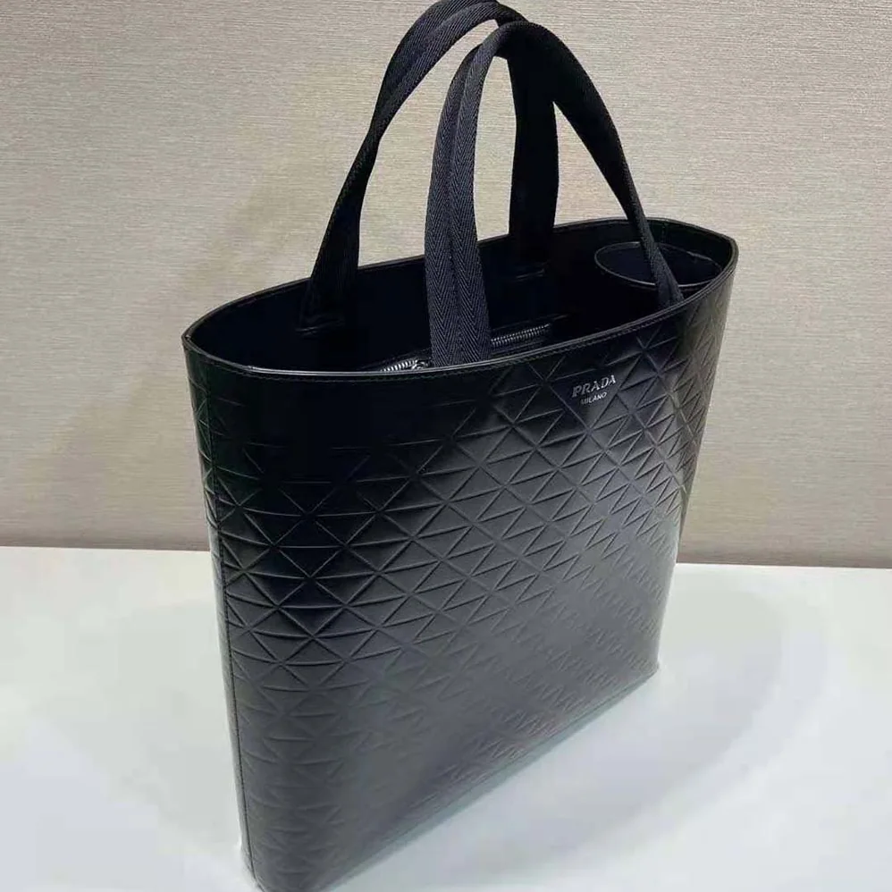 Prada Brushed Leather Tote Bag with Water Bottle for Men in Black