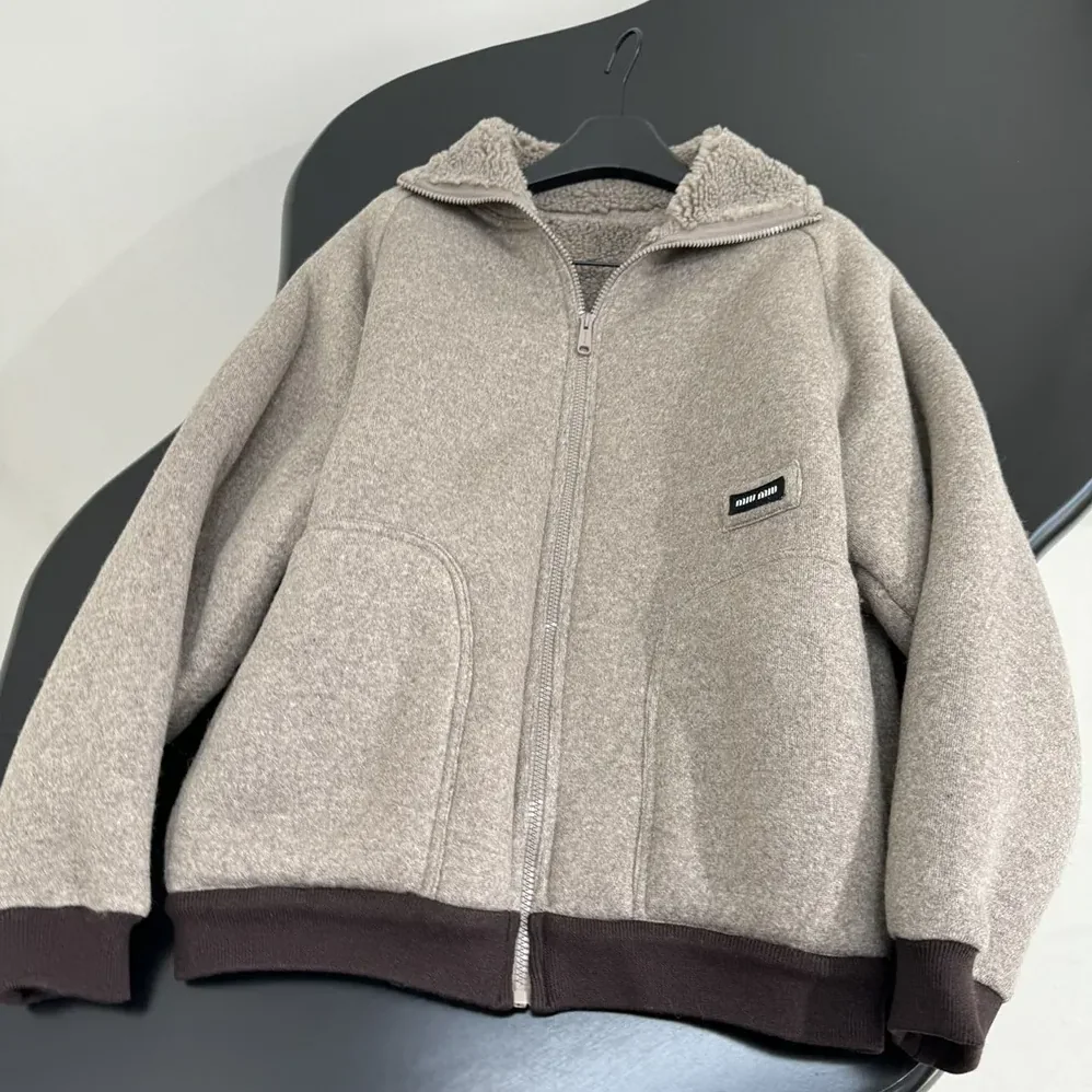 Miu Miu Cotton Fleece Zipper Blouson Jacket for Women Miu Miu Cotton Fleece Zipper Blouson Jacket for Women