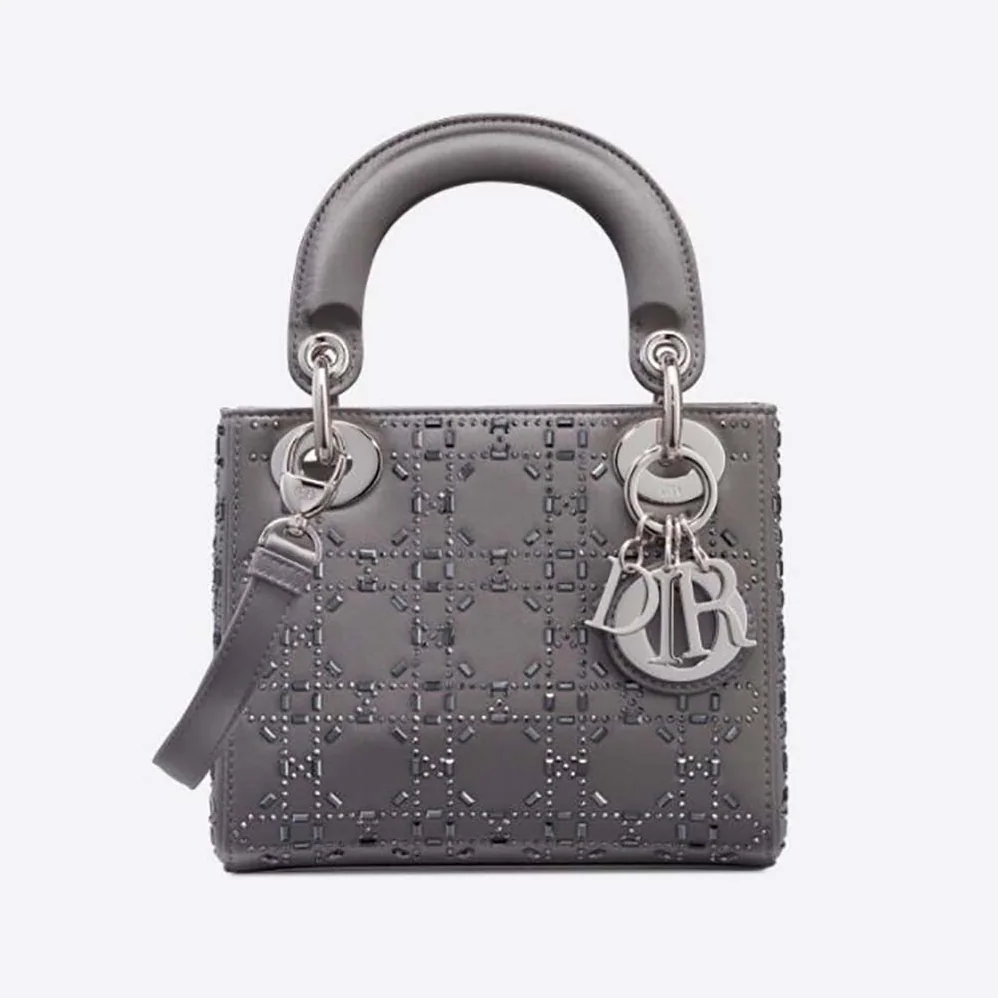 Dior Mini Lady Dior Bag Gray Strass Cannage Satin for Women