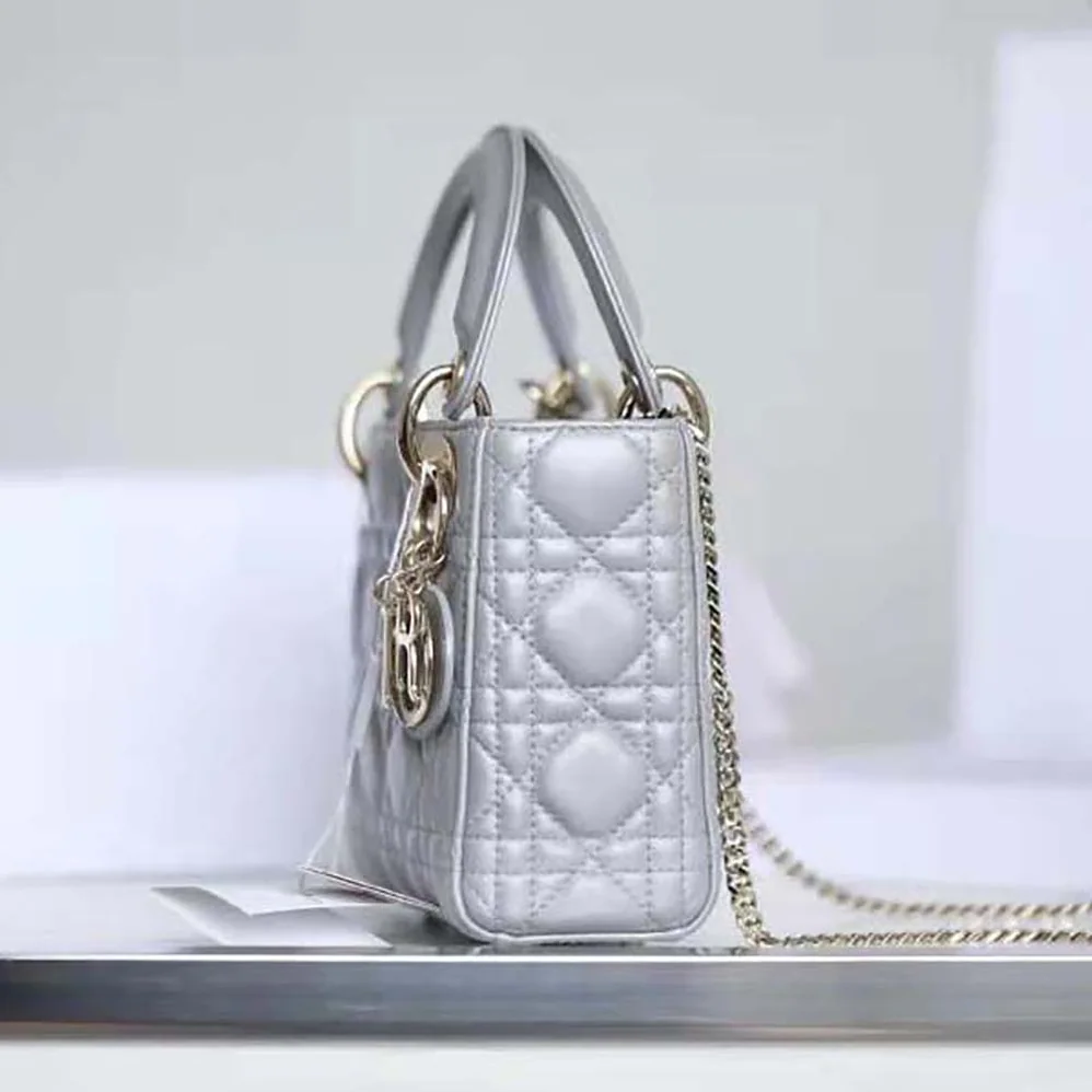 Dior Mini Lady Dior Bag Pearlescent Cannage Lambskin for Women in Silver