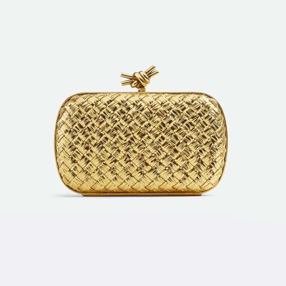 Bottega Veneta Knot Pressed Intreccio Laminated Leather Minaudiere for Women in Gold