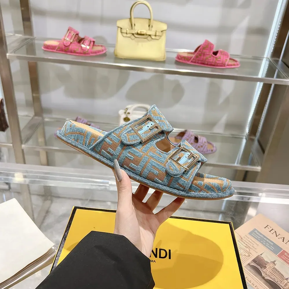 Fendi Feel Light Blue FF Jacquard Velvet Slides for Women