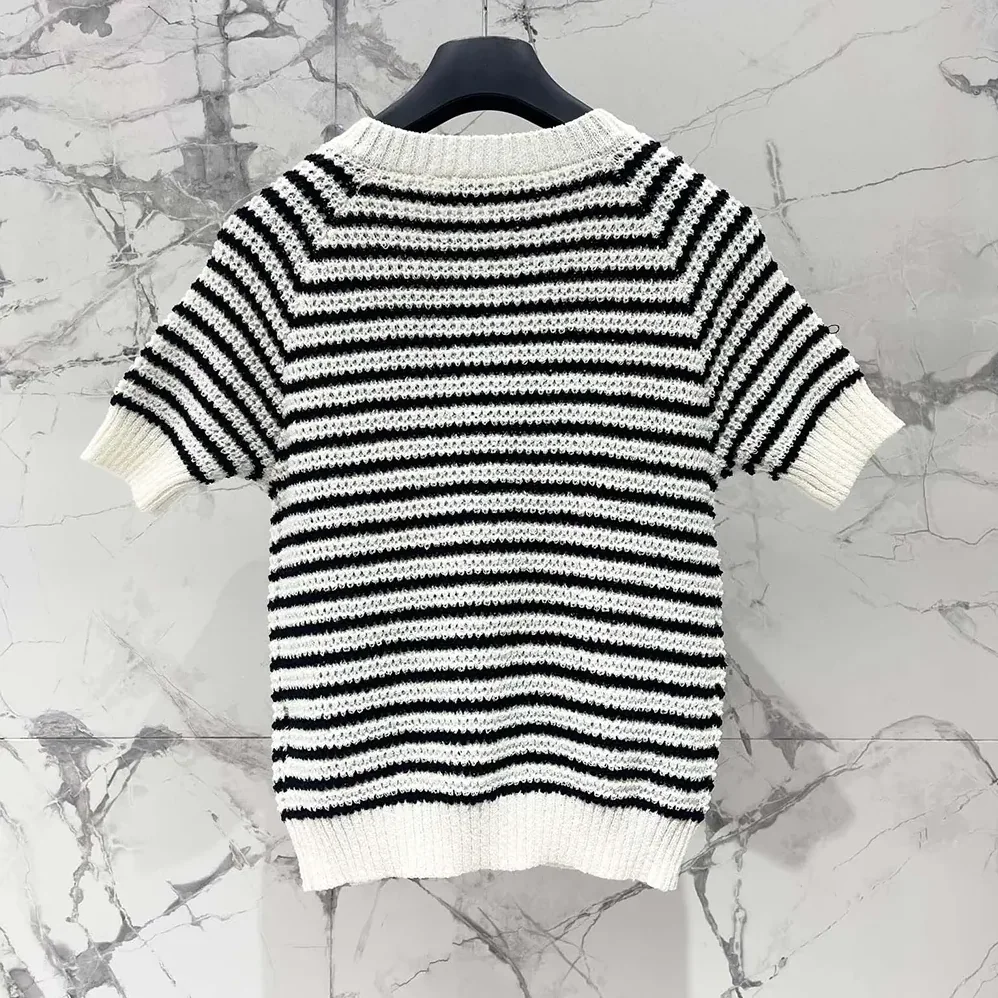 Dior Marinière Short-Sleeved Sweater White and Navy Blue Cotton and Silk Knit for Women Dior Marinière Short-Sleeved Sweater White and Navy Blue Cotton and Silk Knit for Women