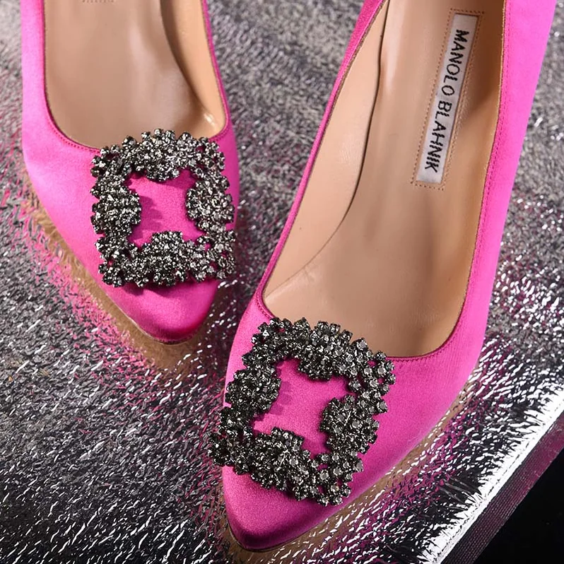 Manolo Blahnik Hangisi 70 Satin Jewel Buckled Pumps Shoes Rose for Women