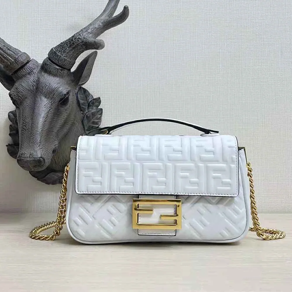 Fendi Baguette Chain Midi Light Gray Leather Bag for Women in White