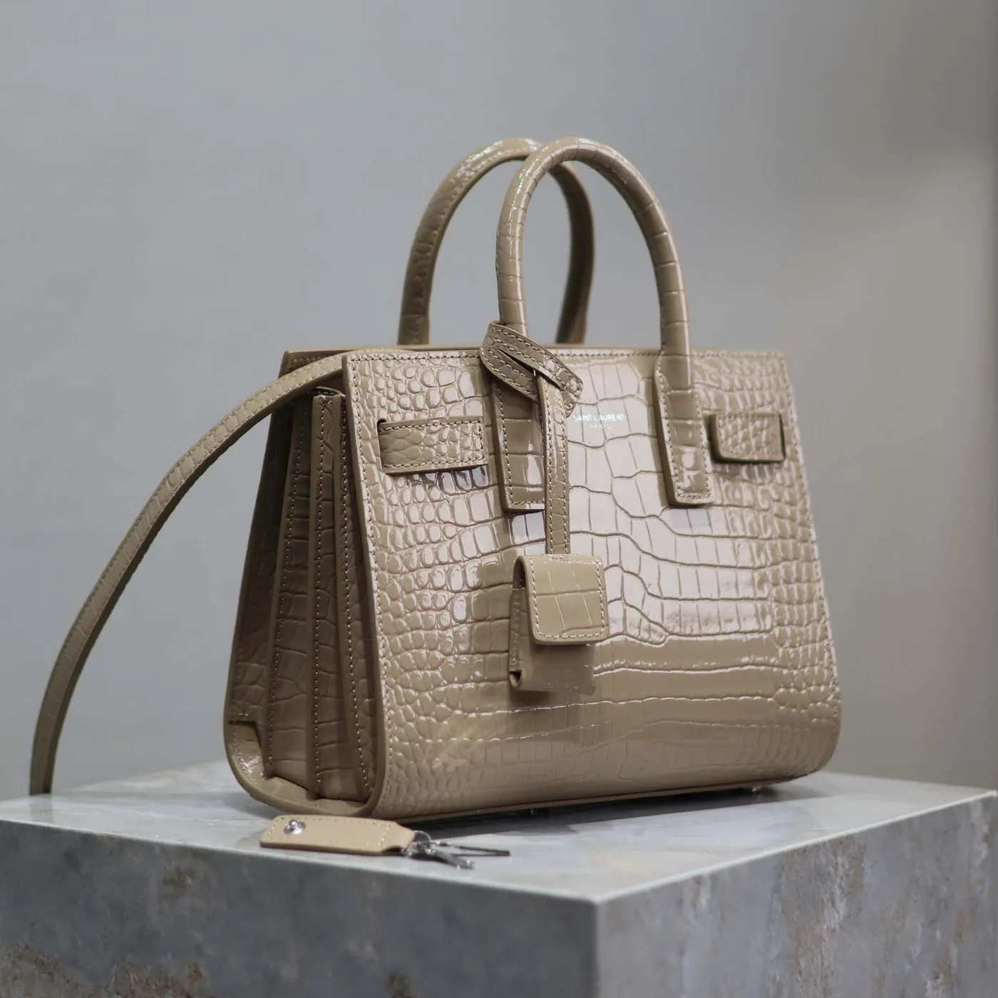 Saint Laurent YSL Sac De Jour in Crocodile Embossed Leather Nano for Women in Sandy Saint Laurent YSL Sac De Jour in Crocodile Embossed Leather Nano for Women in Sandy